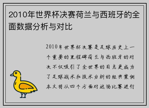 2010年世界杯决赛荷兰与西班牙的全面数据分析与对比
